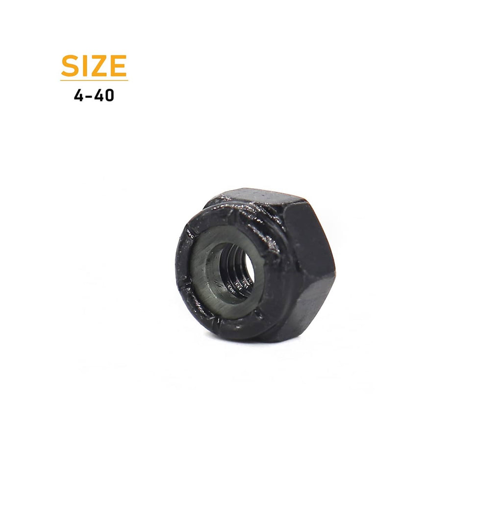 Single black nylon insert lock nut with centered threaded opening close-up