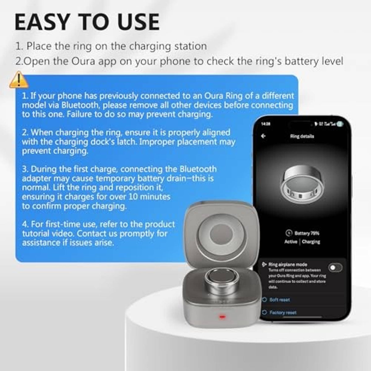 Gray wireless charging case with ring dock and indicator light, shown with phone display
