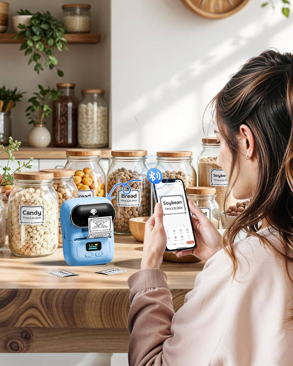 Blue thermal label printer beside a smartphone showing label designs
