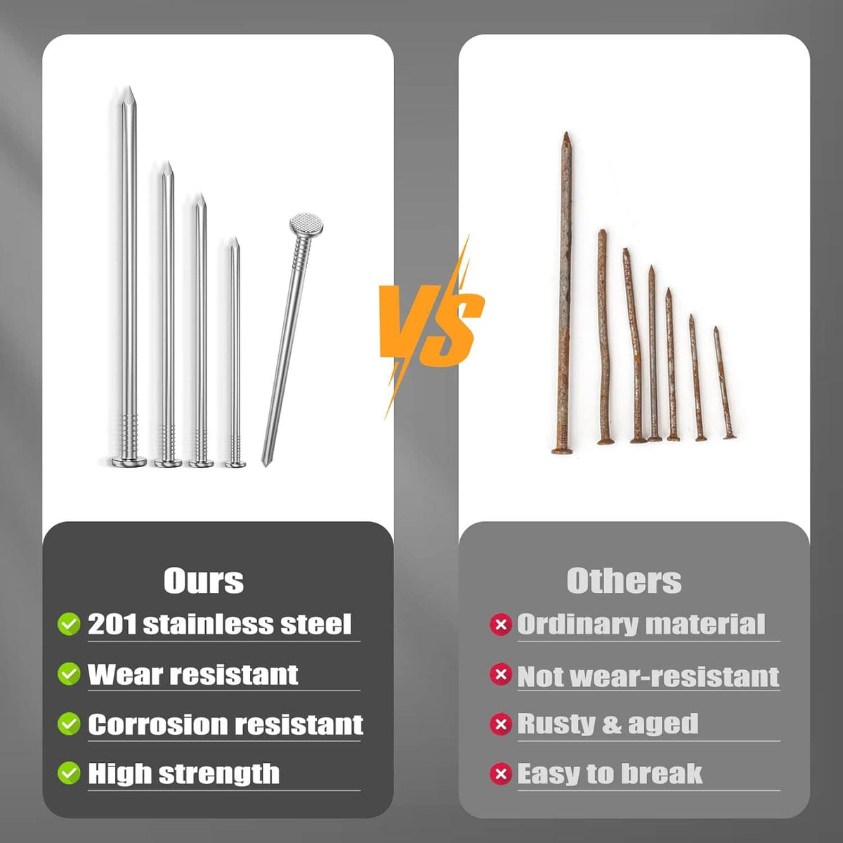 Assorted flat head nails set with sharp tips in stainless steel and brown finishes