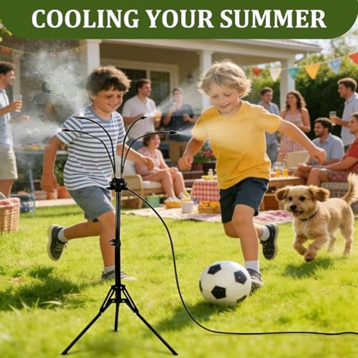 Outdoor misting system stand in a yard during a summer party, with mist
