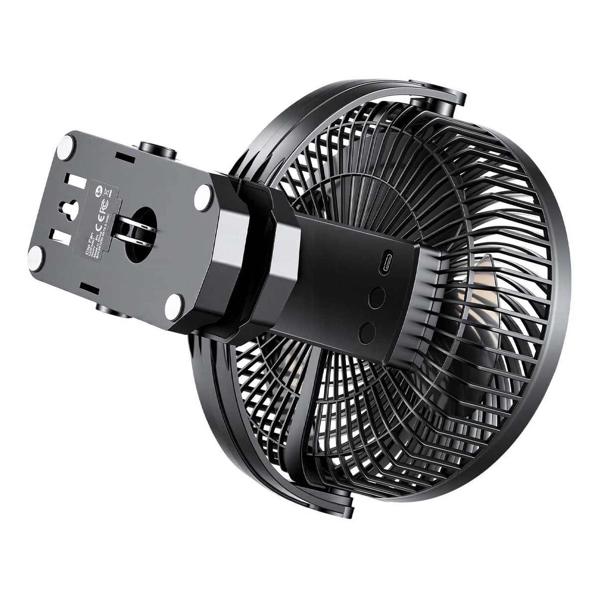 Portable rechargeable clip fan with clamp mount and rear grille, dark plastic