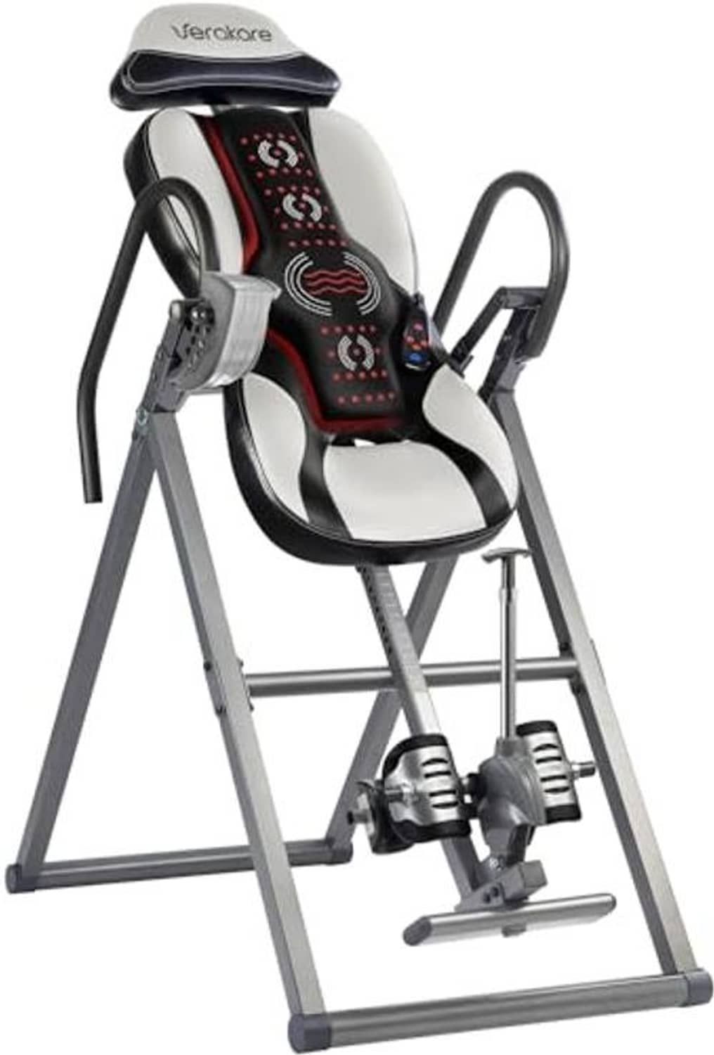 Heat and massage inversion table with headrest, side handles, and adjustable frame