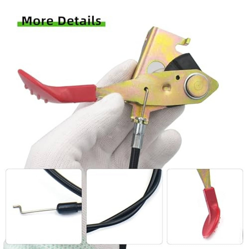 Throttle control cable with yellow bracket and red lever; black cable and return spring