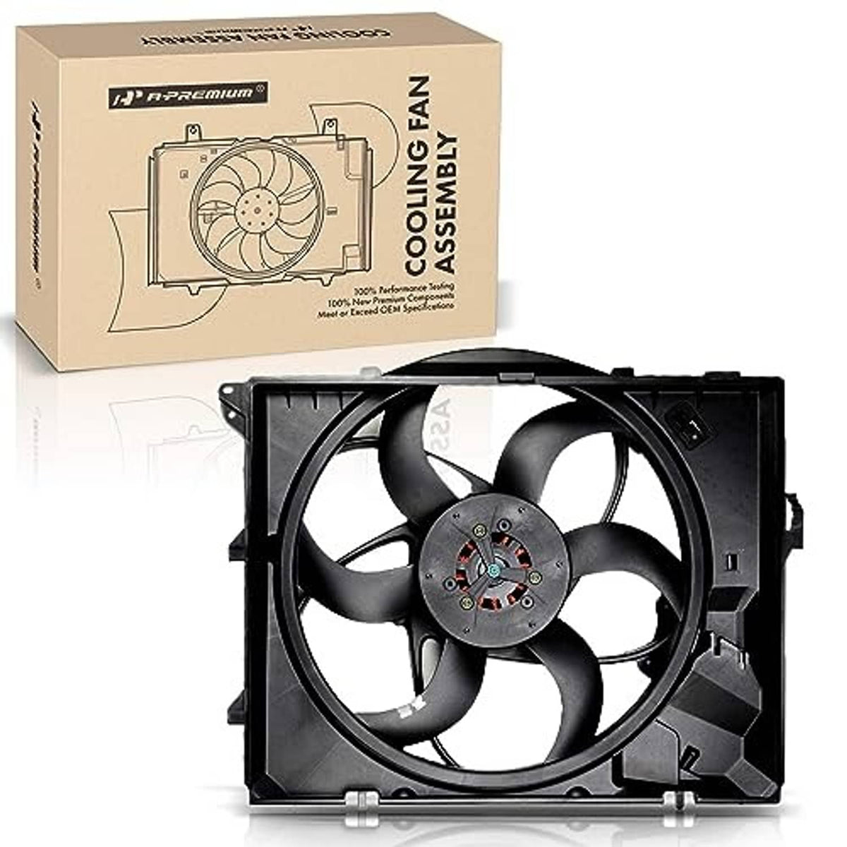 Radiator cooling fan assembly kit with black fan blades and square shroud housing