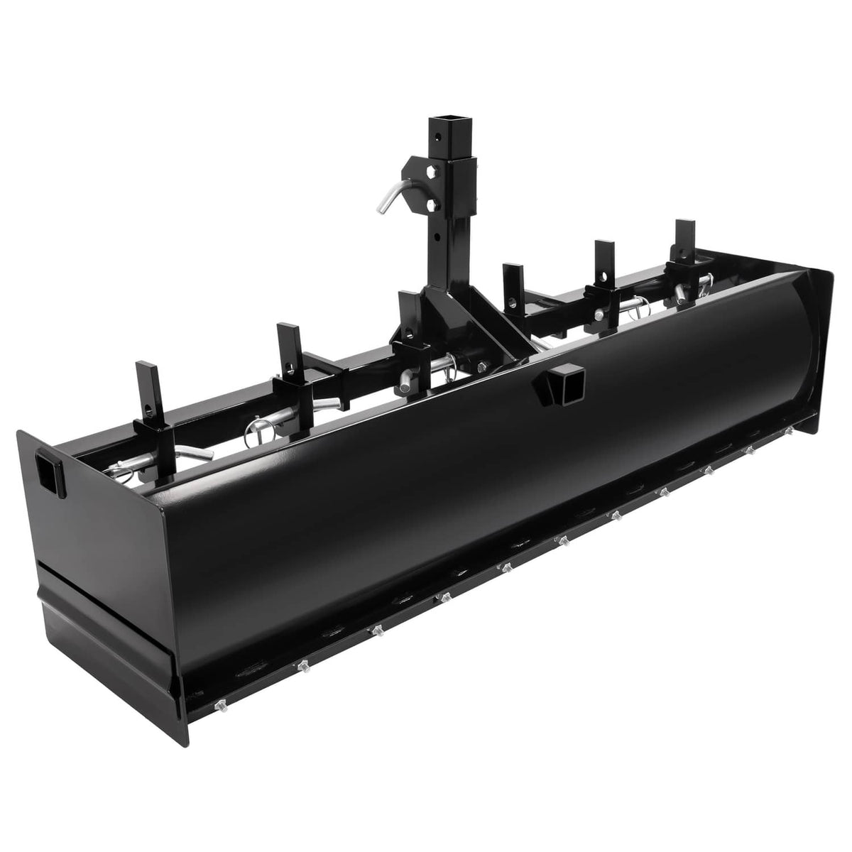 Tow-behind box scraper blade attachment with black cutting edge and three-point mounting arms