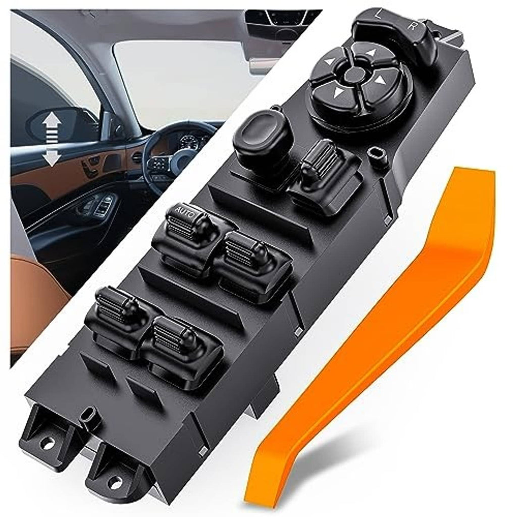 Power window switch panel with steering-wheel-style knob, black buttons, mounting pins