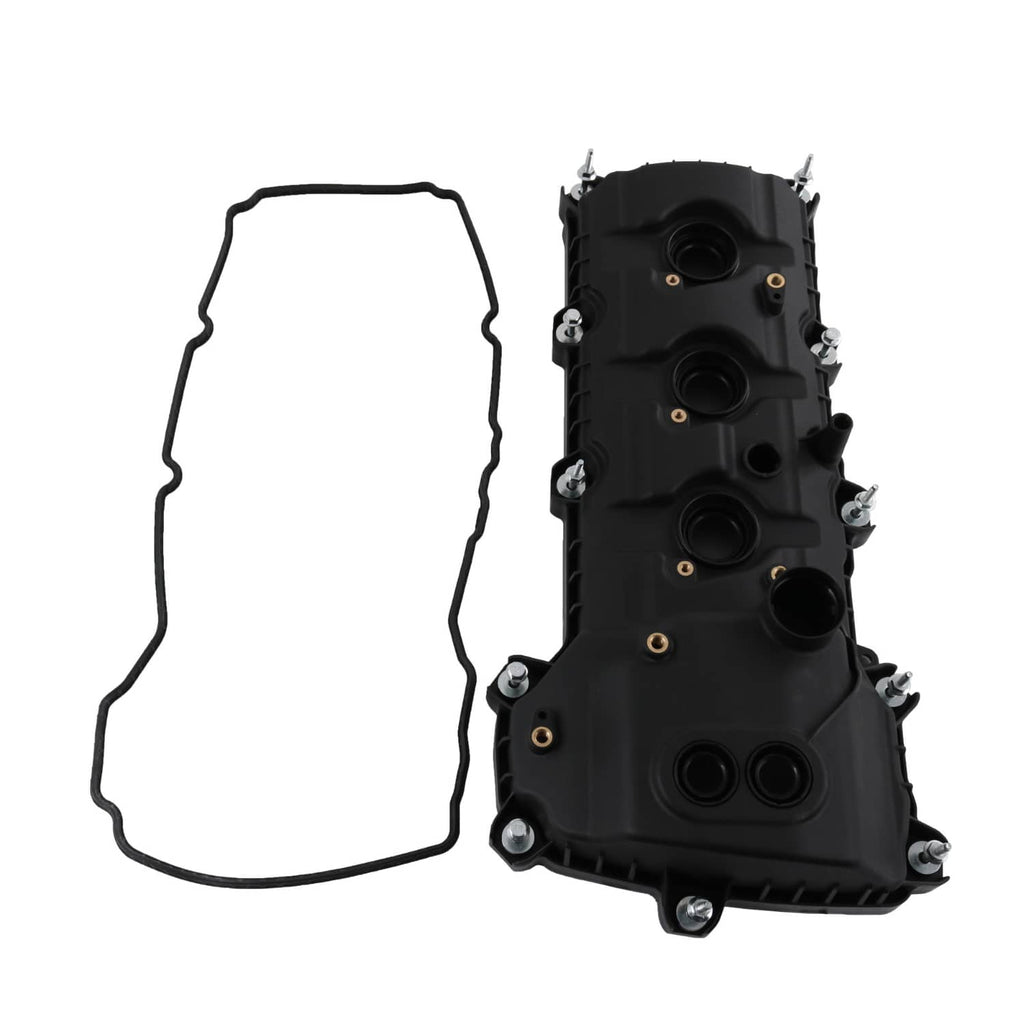 Black engine valve cover with matching gasket sheet, bolt heads visible