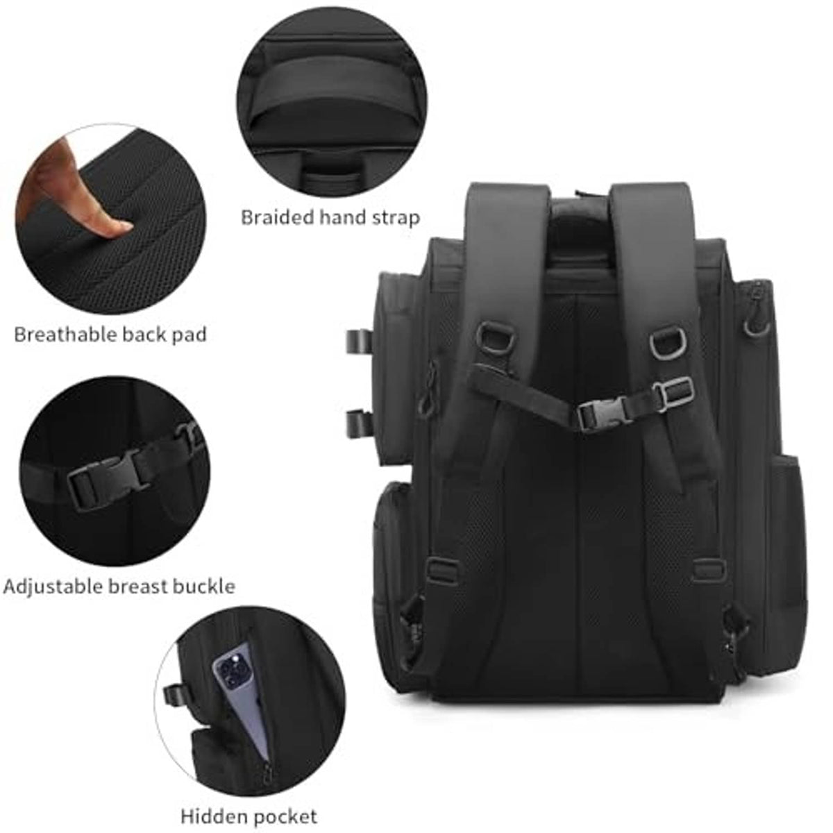 Black fishing backpack rear view with breathable back pad, adjustable chest buckle, hidden pocket