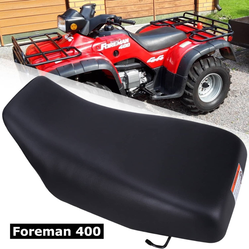 Black ATV seat replacement, curved cushion with front mounting tab and bracket.