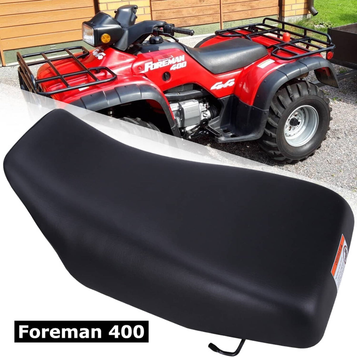 Black ATV seat replacement, curved cushion with front mounting tab and bracket.