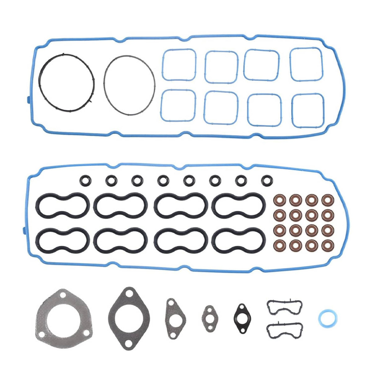Engine rebuild kit gasket set with blue-edged seals and small hardware