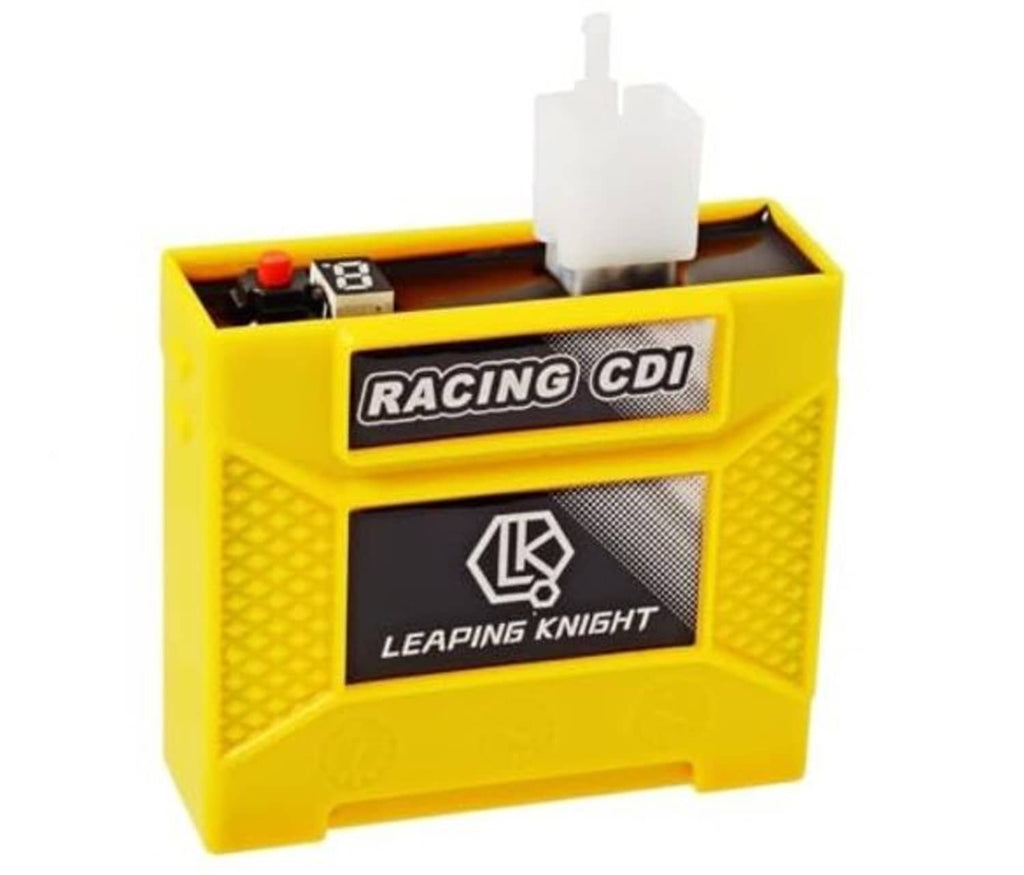 Yellow Racing CDI 4-pin digital ignition control box with front label and white plug