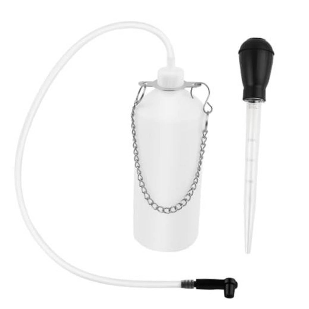 Brake bleeder bottle with white hose, clear tube, and black squeeze bulb