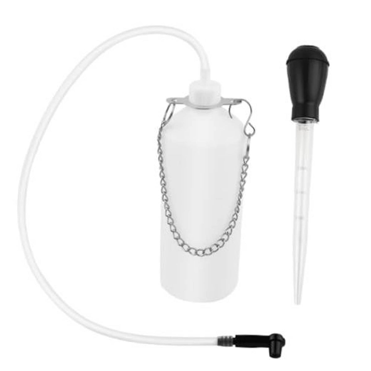 Brake bleeder bottle with white hose, clear tube, and black squeeze bulb