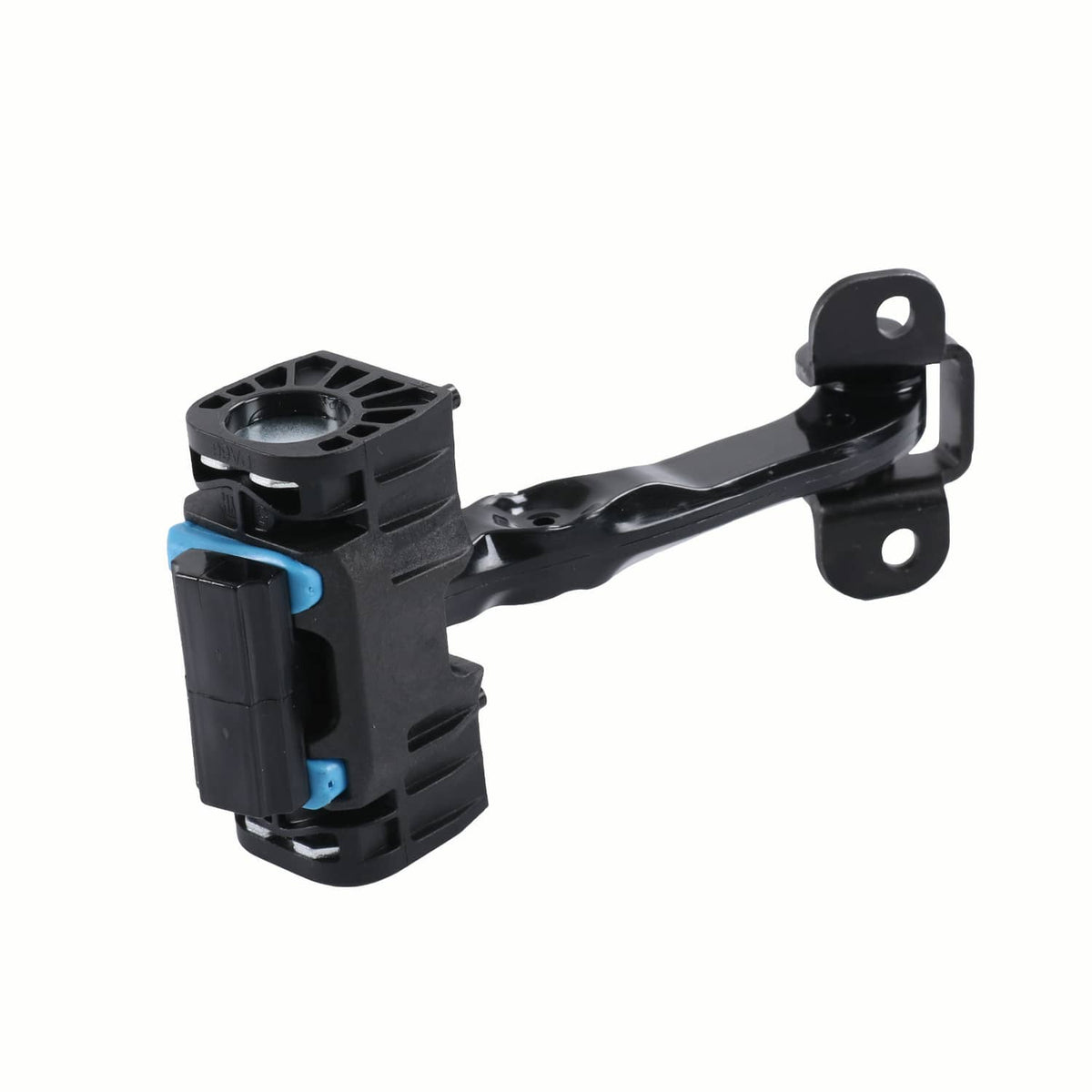 Front door check strap with black metal arm, blue insert, and circular bushing housing