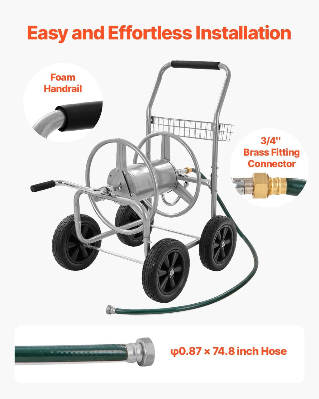 Hose reel cart with foam handle grip, brass connector fitting, and hose outlet