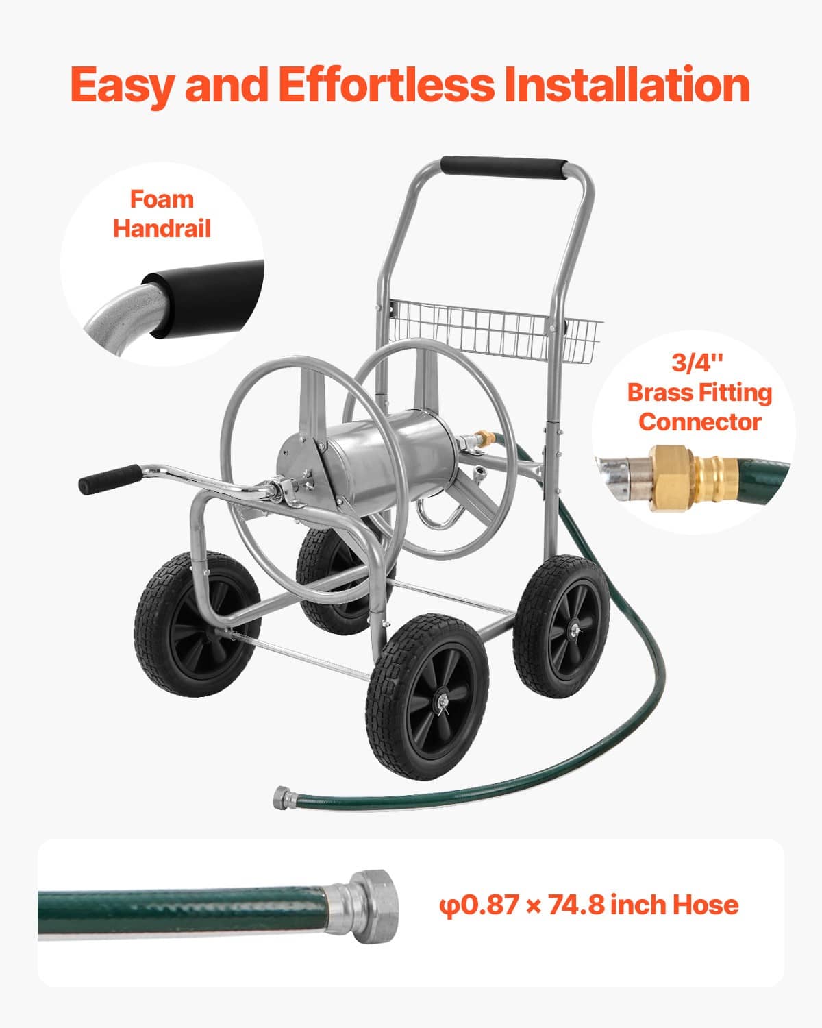 Hose reel cart with foam handle grip, brass connector fitting, and hose outlet