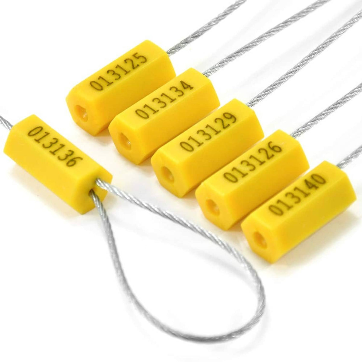 Yellow cable seal blocks with steel wire and embossed serial numbers