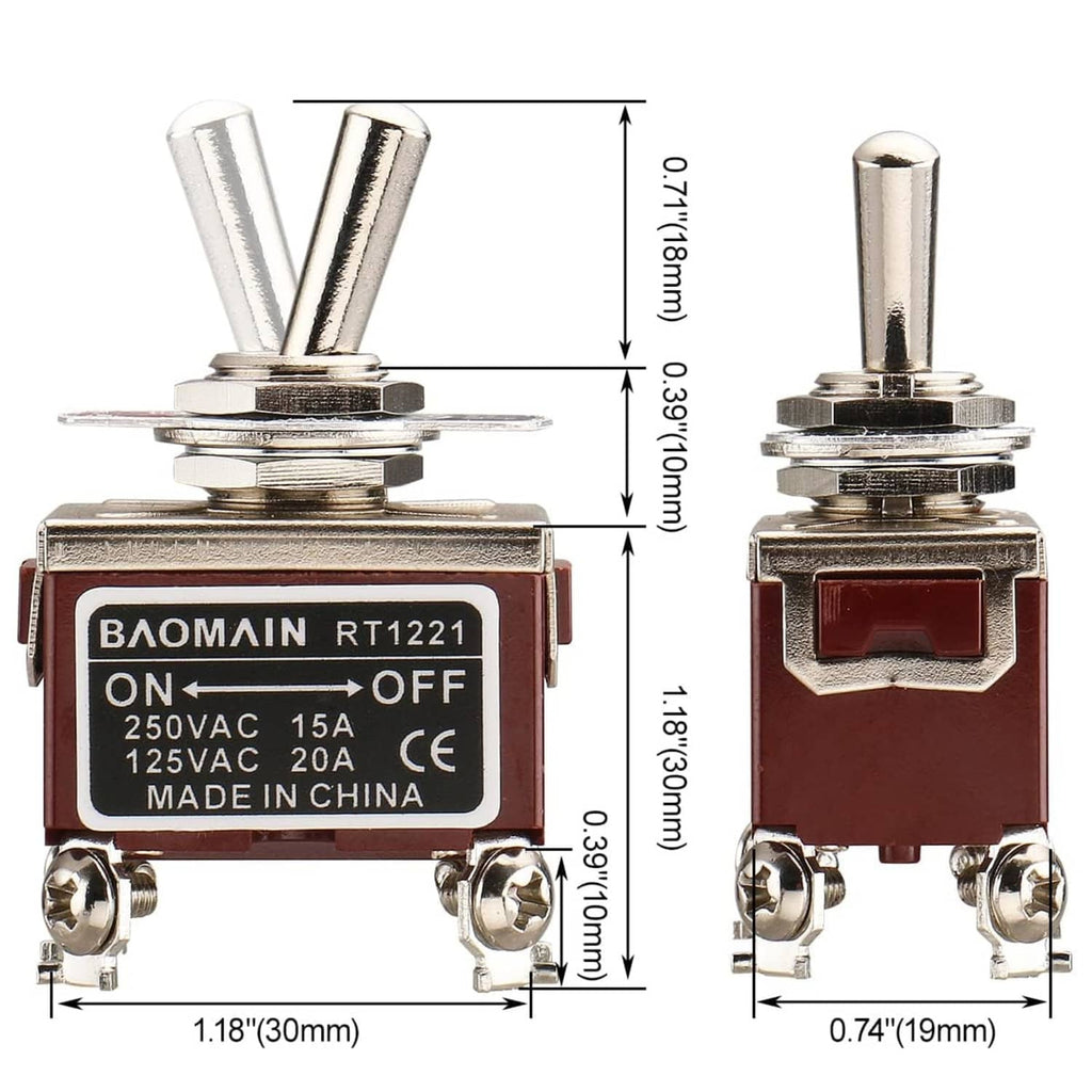 On/off toggle switch front and side with red housing and metal lever, dimension diagram