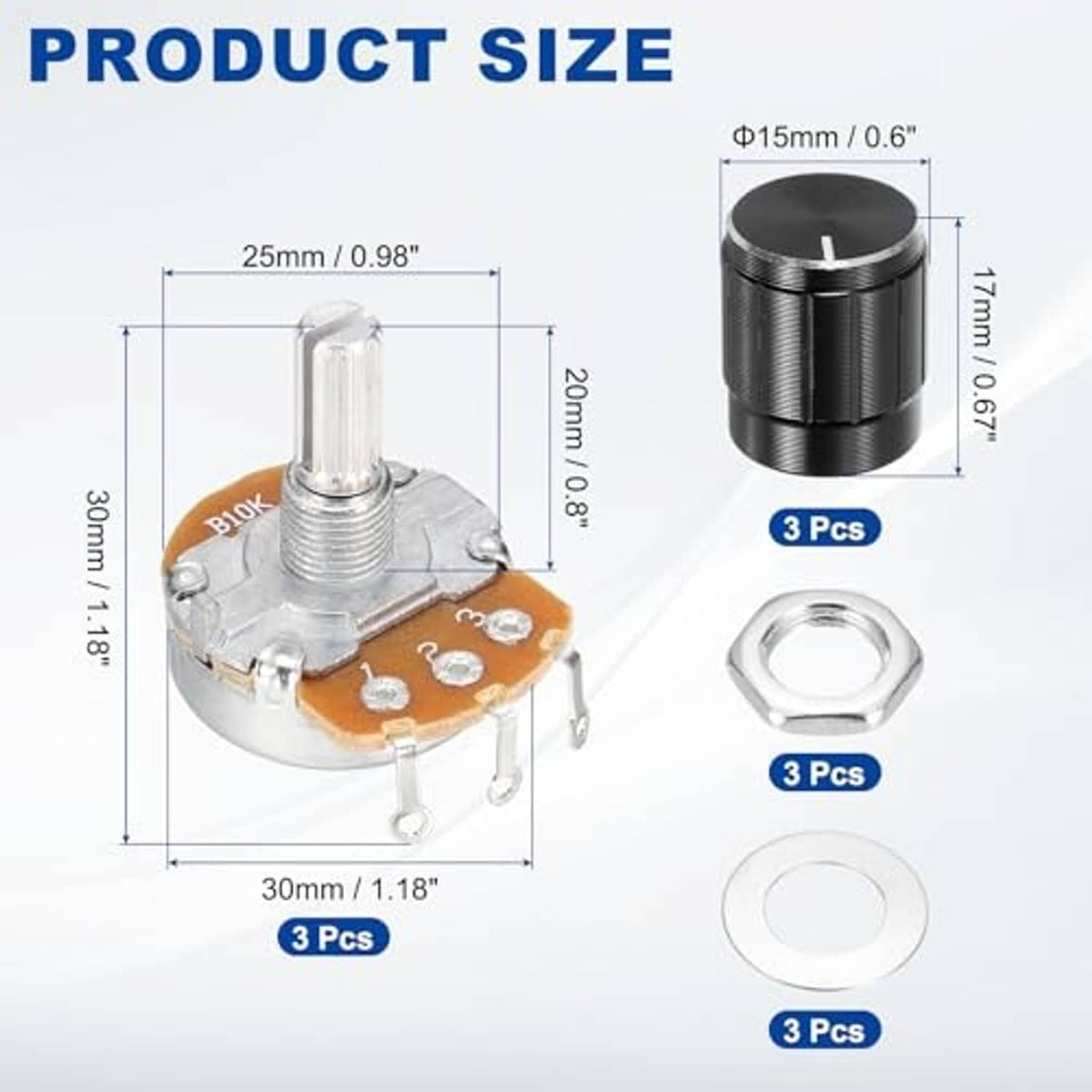 Rotary potentiometer size diagram: black knob, metal shaft, orange PCB with nuts and washers