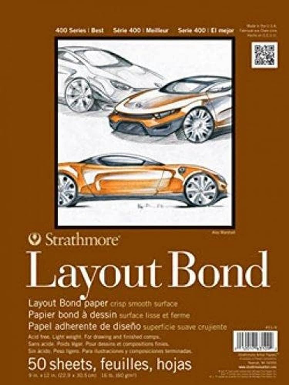 Strathmore Layout Bond pad, white 11x14, 50 sheets; front cover with illustrated vehicles.