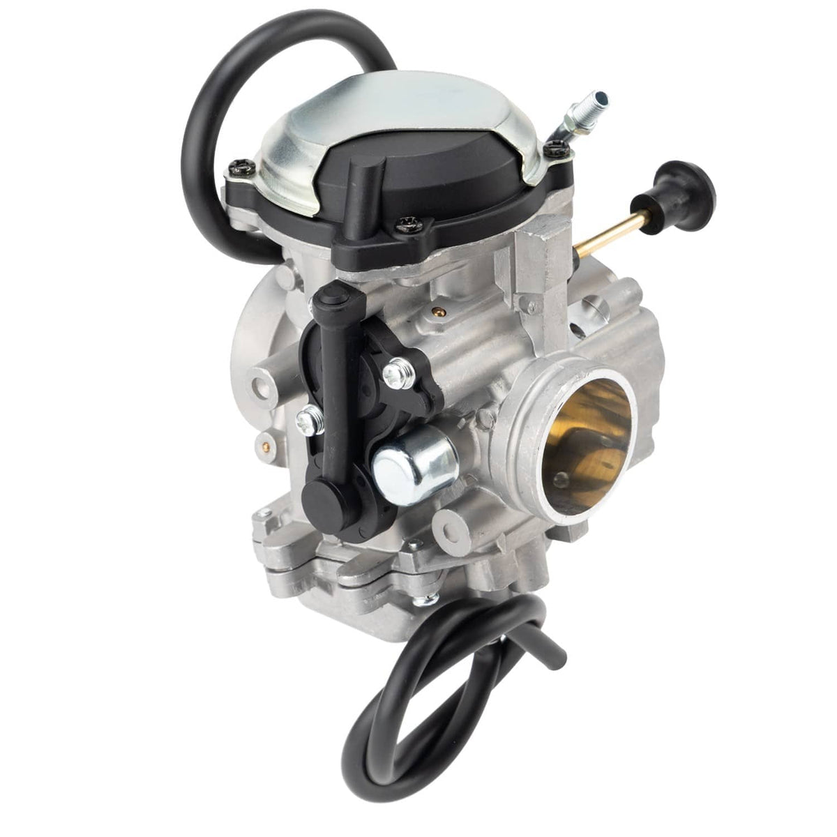 Carburetor assembly with side linkage and brass fuel outlet