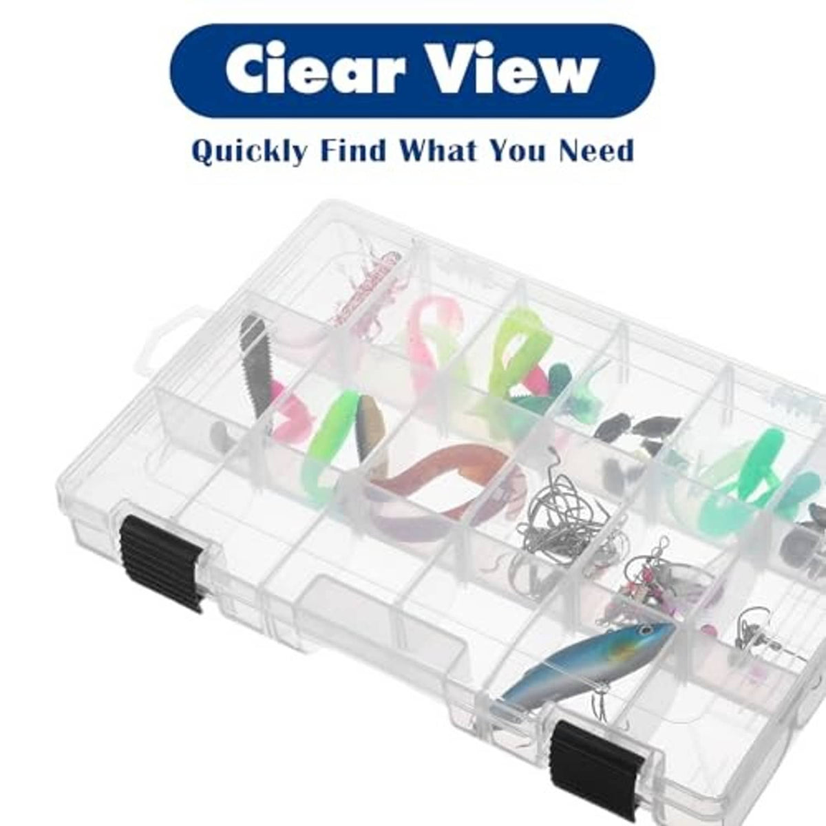 Clear plastic tackle storage tray with removable divider grid compartments