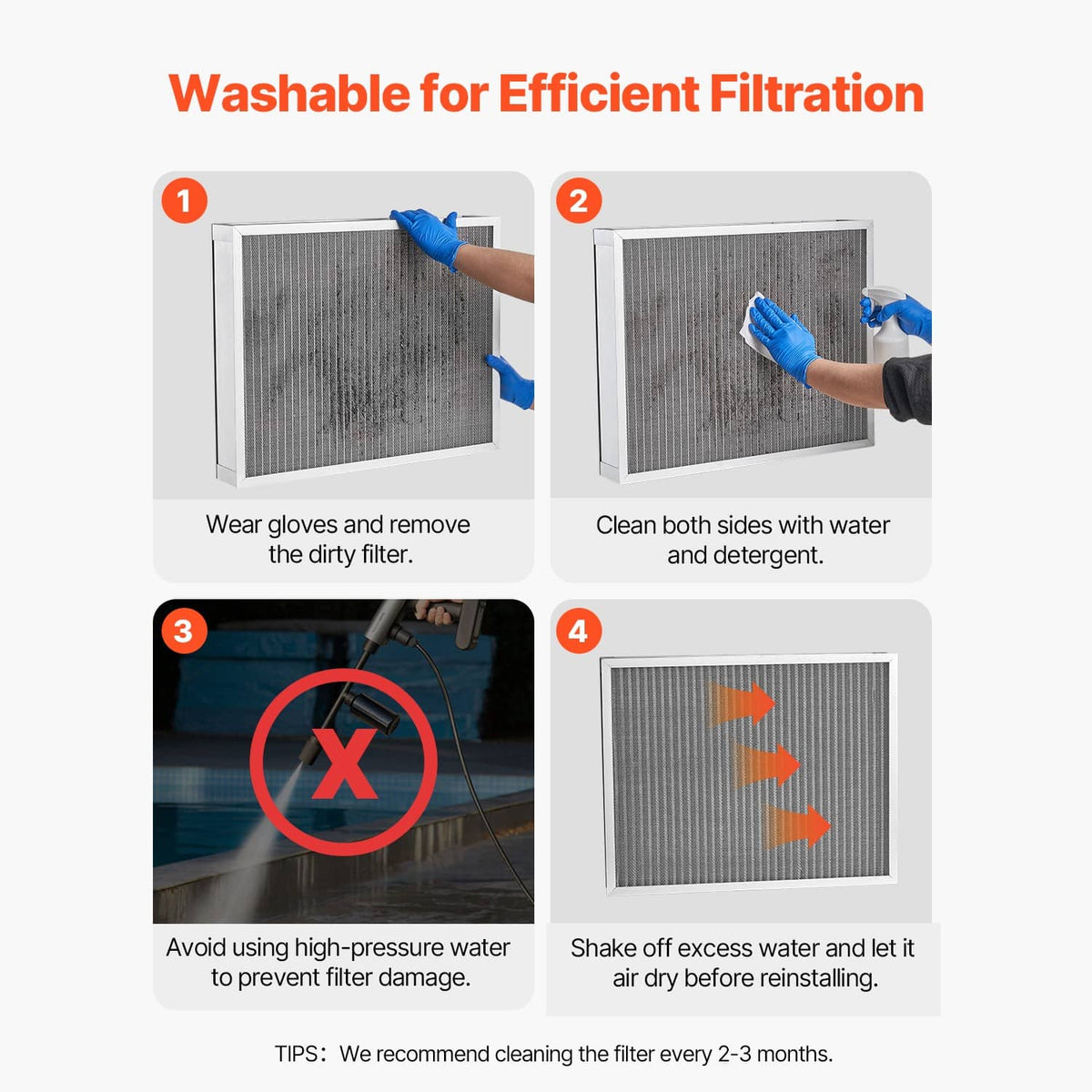 Washable air filter with gray mesh media and silver aluminum frame