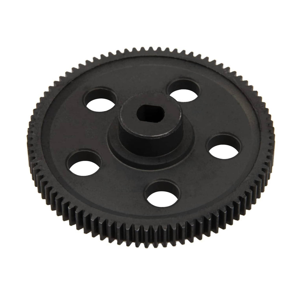 Black spur gear with five mounting holes and central shaft coupling