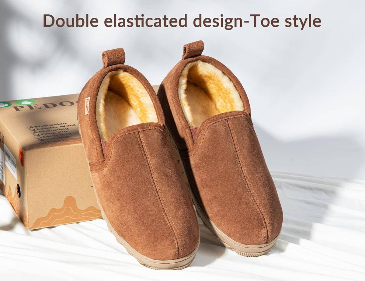 Men’s brown suede slippers with double elasticated design, shearling interior