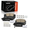 Ceramic brake pad set with beige friction inserts, mounting clips, shims, and hardware