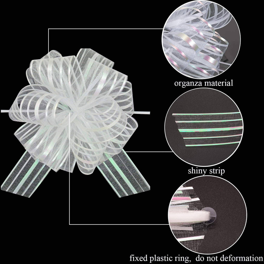 White organza pull bow with shiny striped ribbon streamers and fixed plastic ring