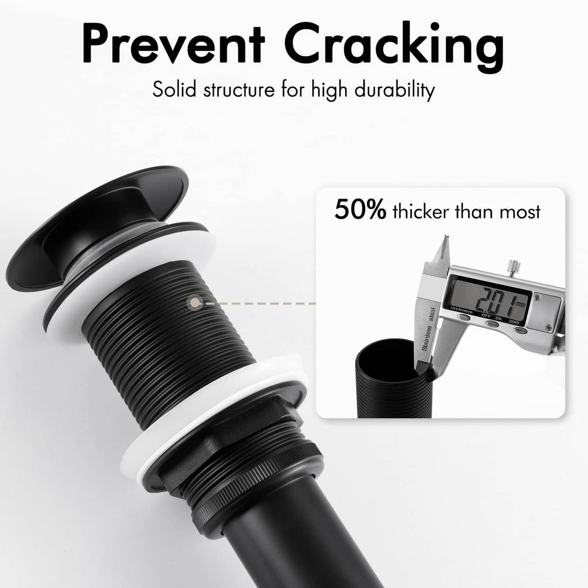 Matte black pop-up sink drain stopper with thick threaded shaft and mounting rim