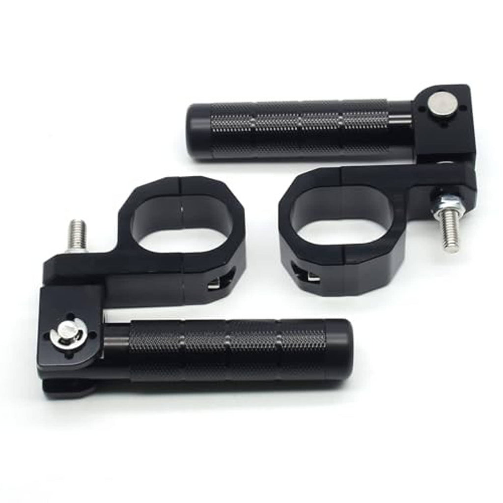 Motorcycle passenger folding footrest set, black textured foot pegs with mounting plates and bolts.