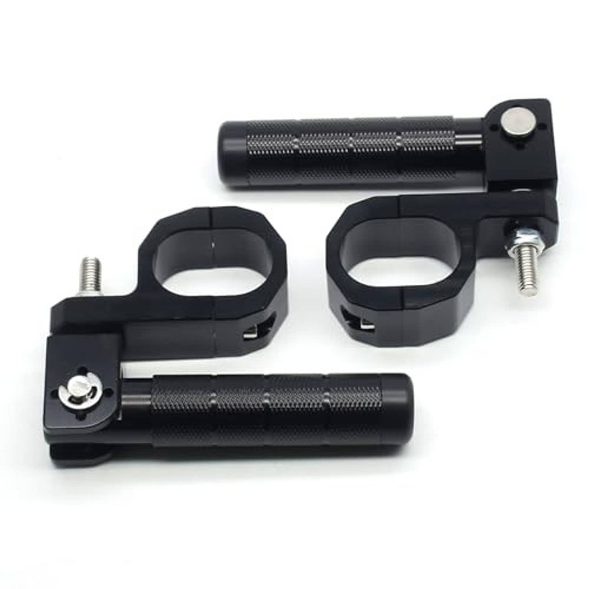 Motorcycle passenger folding footrest set, black textured foot pegs with mounting plates and bolts.