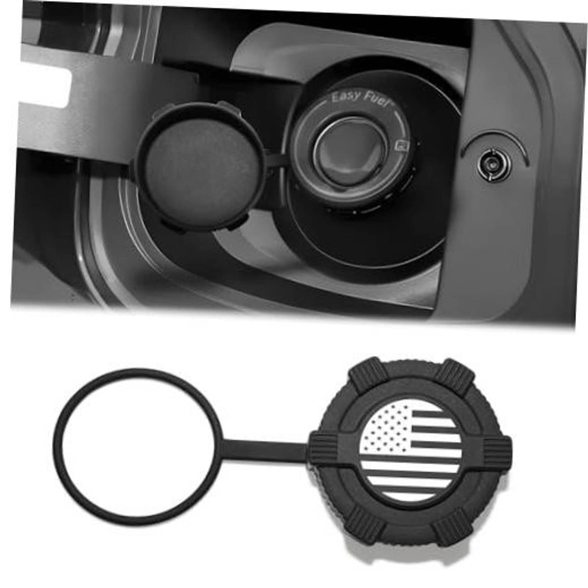 Black fuel tank filler dust cap with U.S. flag emblem and attached rubber ring