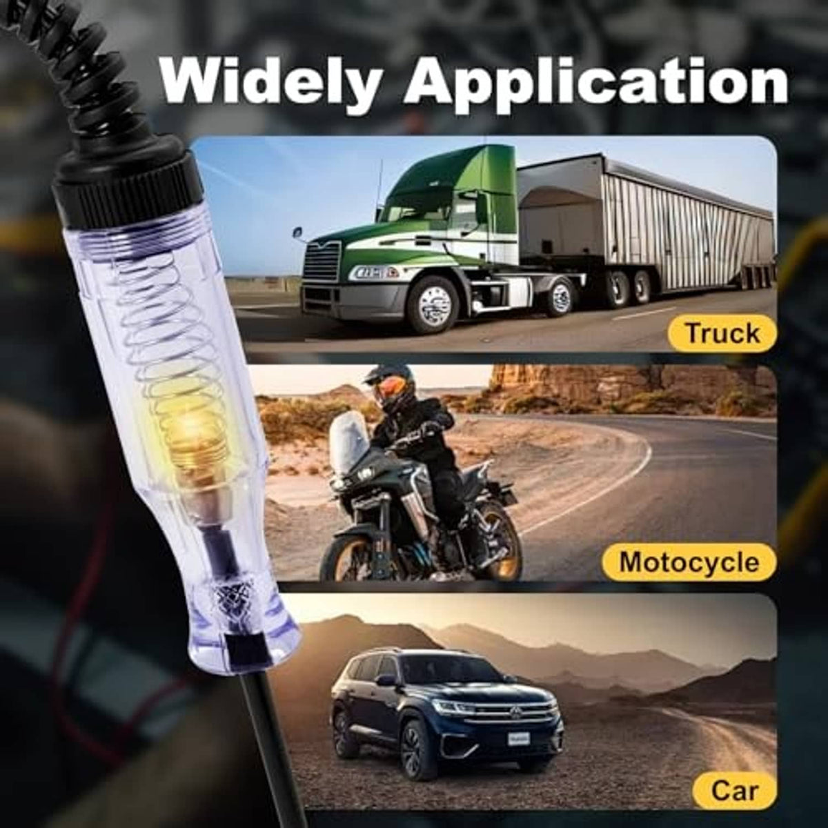 Circuit tester with glowing pilot lamp and long cable for car, truck, or motorcycle use
