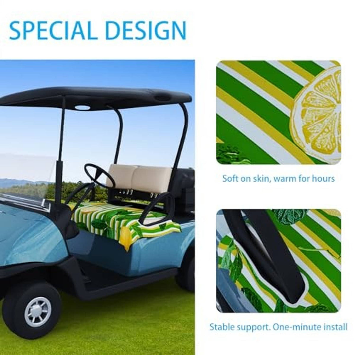 Lemon print golf cart seat cover shown on bench, with green and white striped design