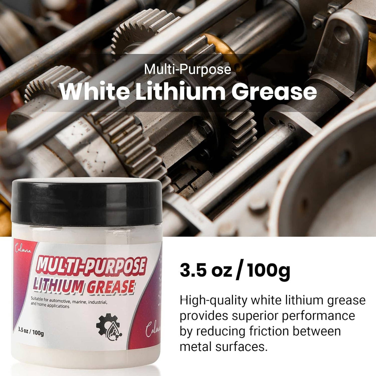 White lithium grease jar with black cap, 3.5 oz/100g size, for multi-purpose use