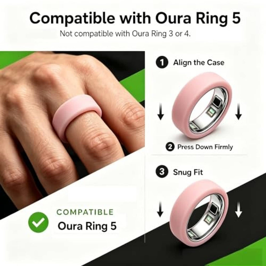 Pink silicone ring case shown being aligned and pressed onto a smart ring
