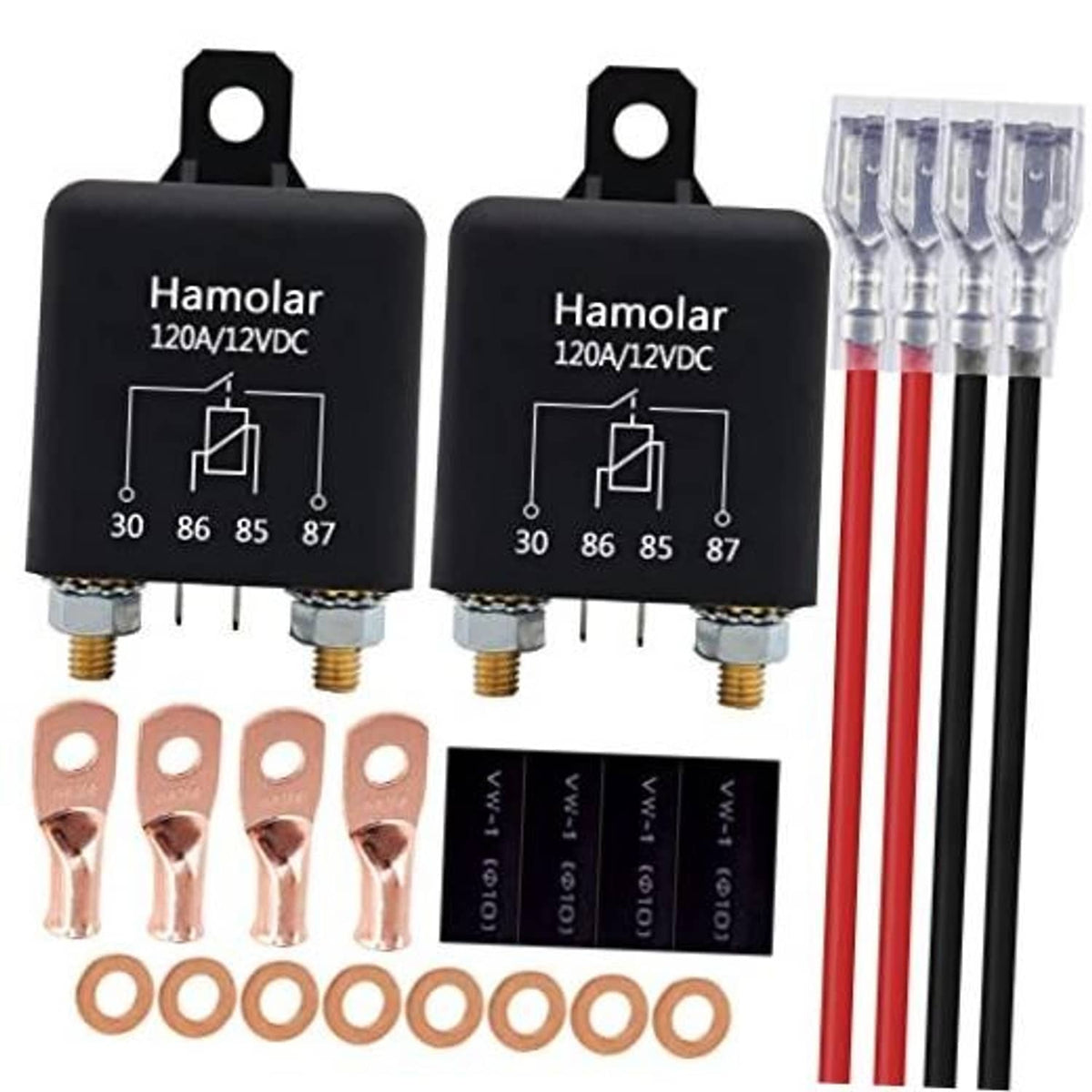 12V DC heavy duty starter relay switches, terminals and copper ring lugs kit (2-pack)