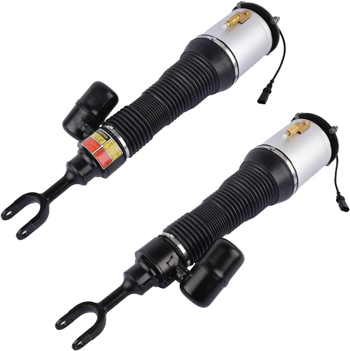 Front air suspension strut shocks with silver cylinders, black boots, and top electrical connectors