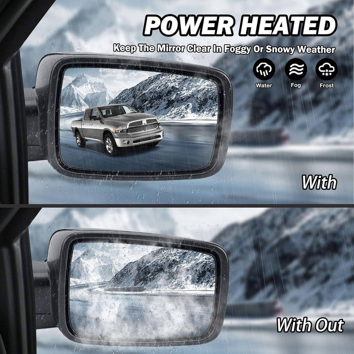 Heated side mirror lens shown with fog and frost effect for clearer visibility