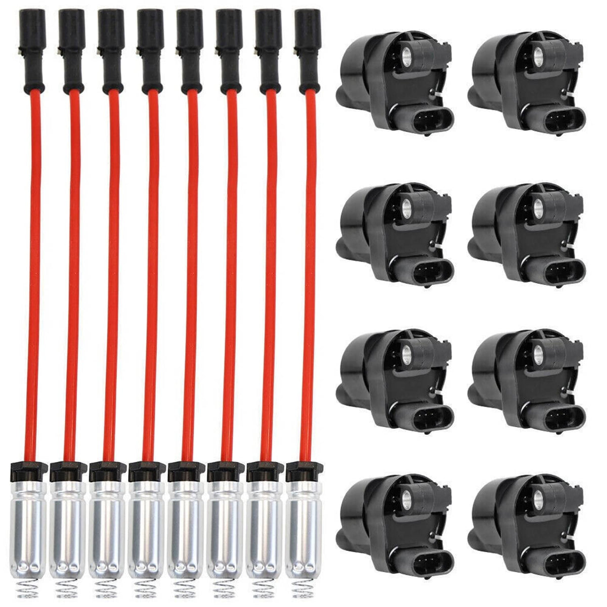 Ignition coil harness with red leads, spark plugs, and black coil connector units