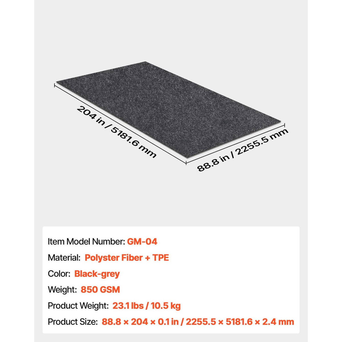 7.4 x 17 ft black-gray oil spill mat, polyester felt top with TPE backing