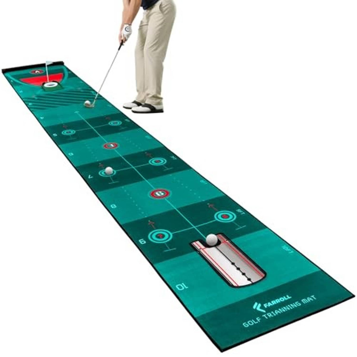 Green long putting mat with ball lanes and target rings for golf training