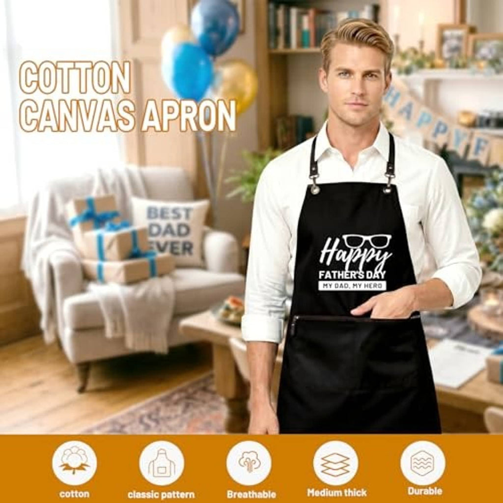 Black cotton canvas apron with Happy Father's Day print and adjustable cross-back straps