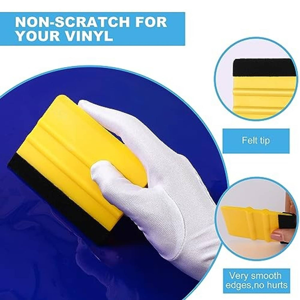 Yellow vinyl squeegee with black felt tip for smooth vinyl smoothing, no scratch