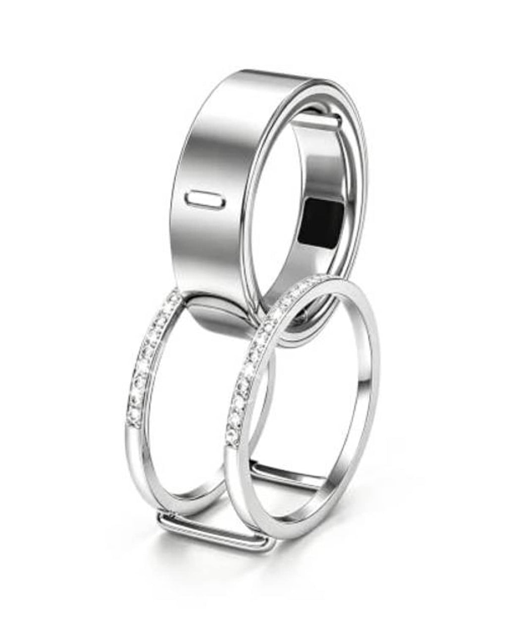 Silver smart ring jacket with two slim bands, one pavé-set